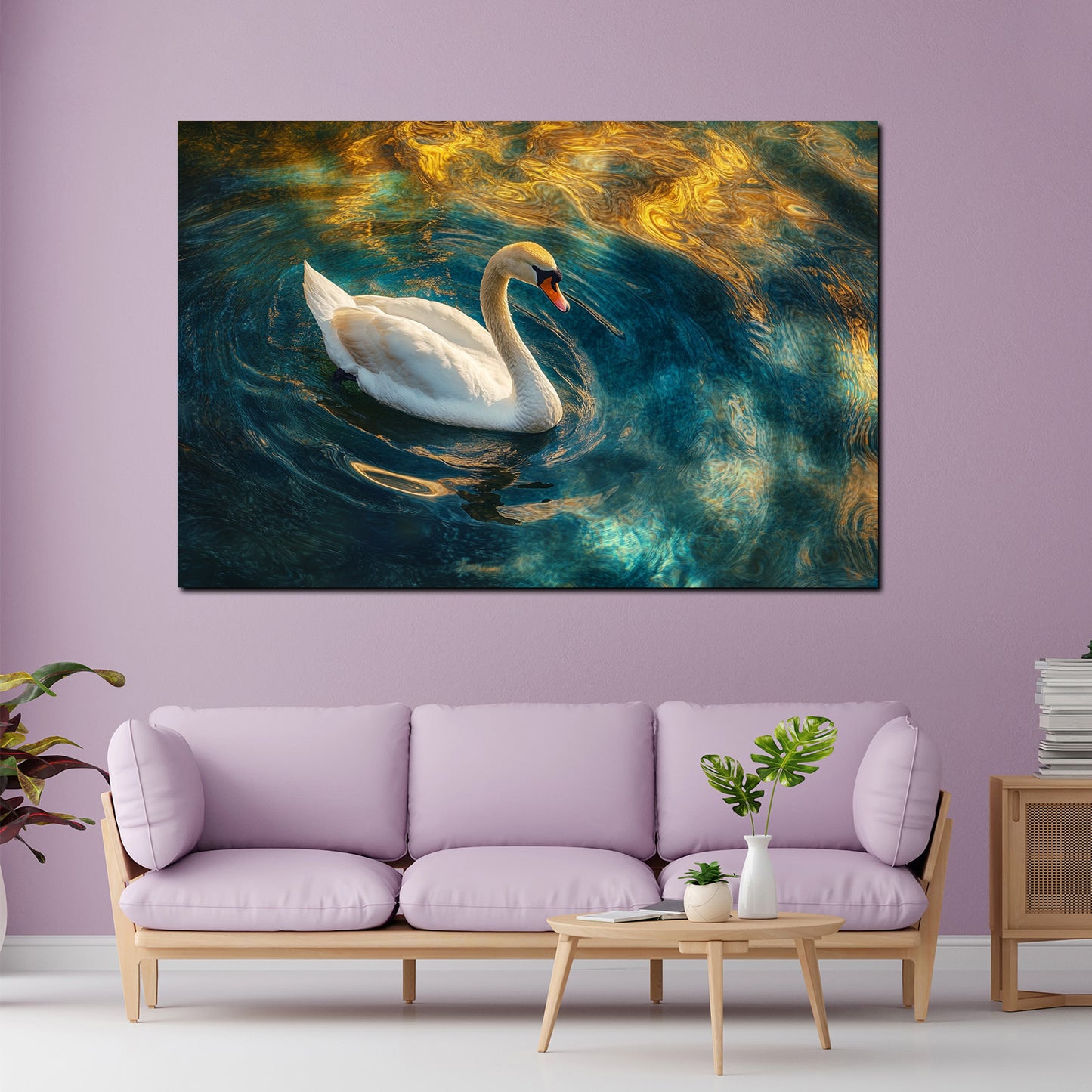 Wandbild Kunstwerk Schwan Wasser Blau Gold Lichtspiel Eleganz modern