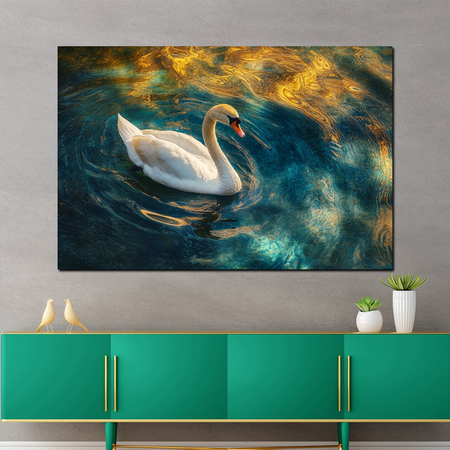 Wandbild Kunstwerk Schwan Wasser Blau Gold Lichtspiel Eleganz modern
