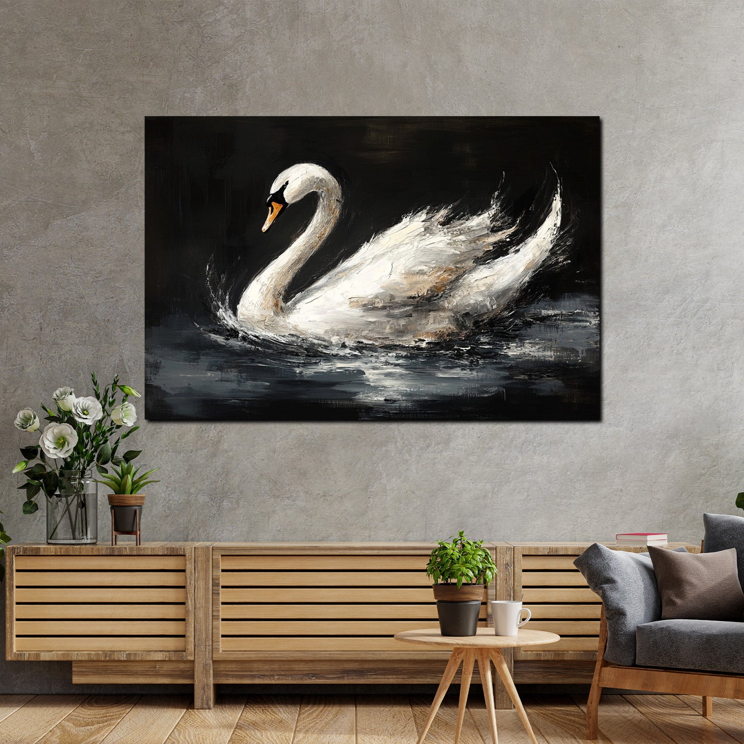 Wandbild Kunstwerk Schwan auf lebendigem Wasser Pinselstrich Eleganz modern