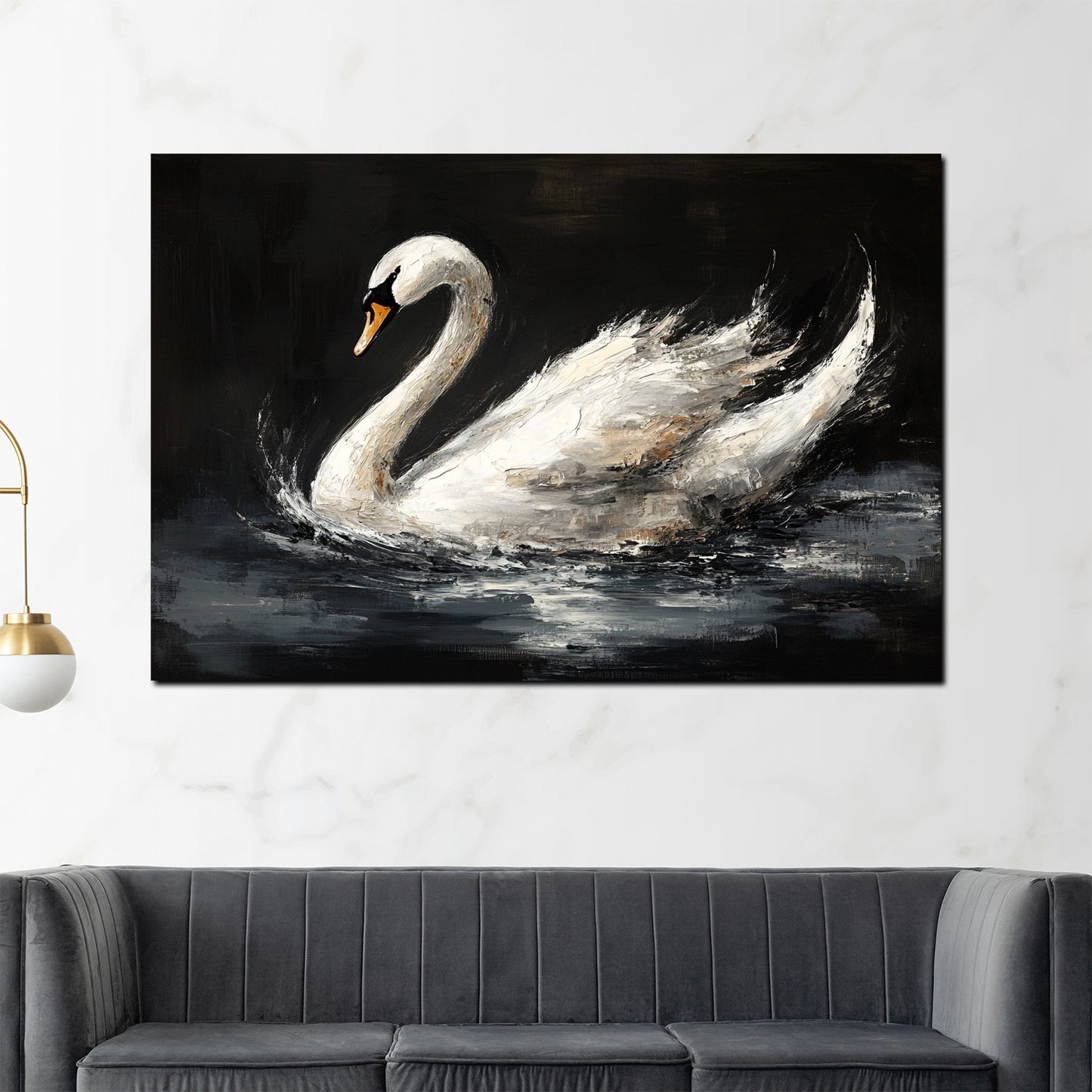 Wandbild Kunstwerk Schwan auf lebendigem Wasser Pinselstrich Eleganz modern