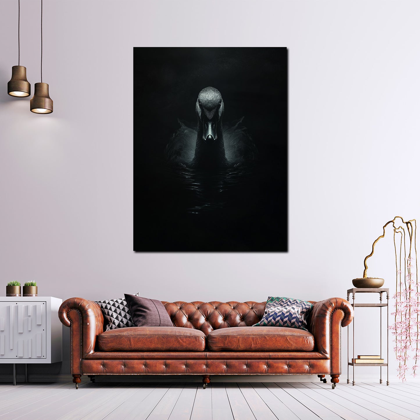 Wandbild Kunstwerk Schwan im Spiel von Dunkelheit und Wasser Anmut modern