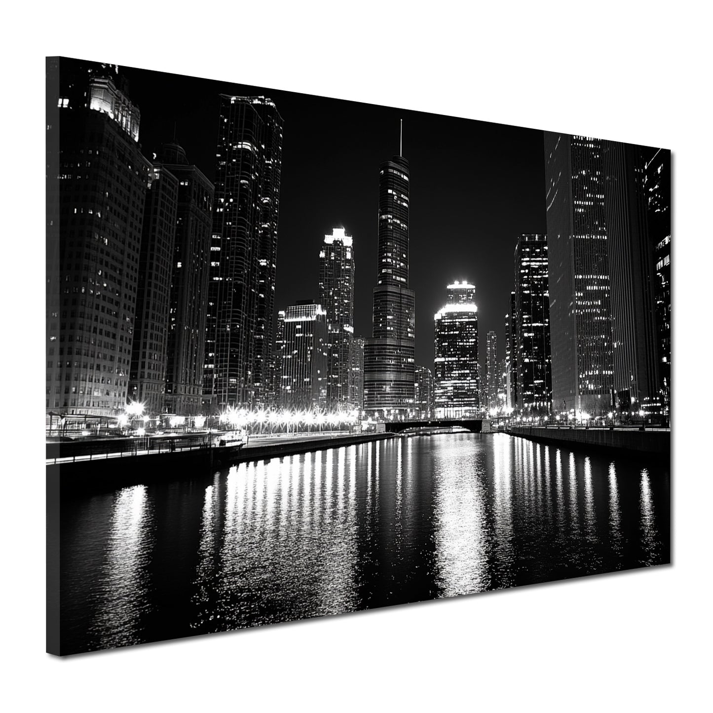 Wandbild Kunstwerk Städte Chicago USA Skyline Lichter Spiegelung schwarz weiß
