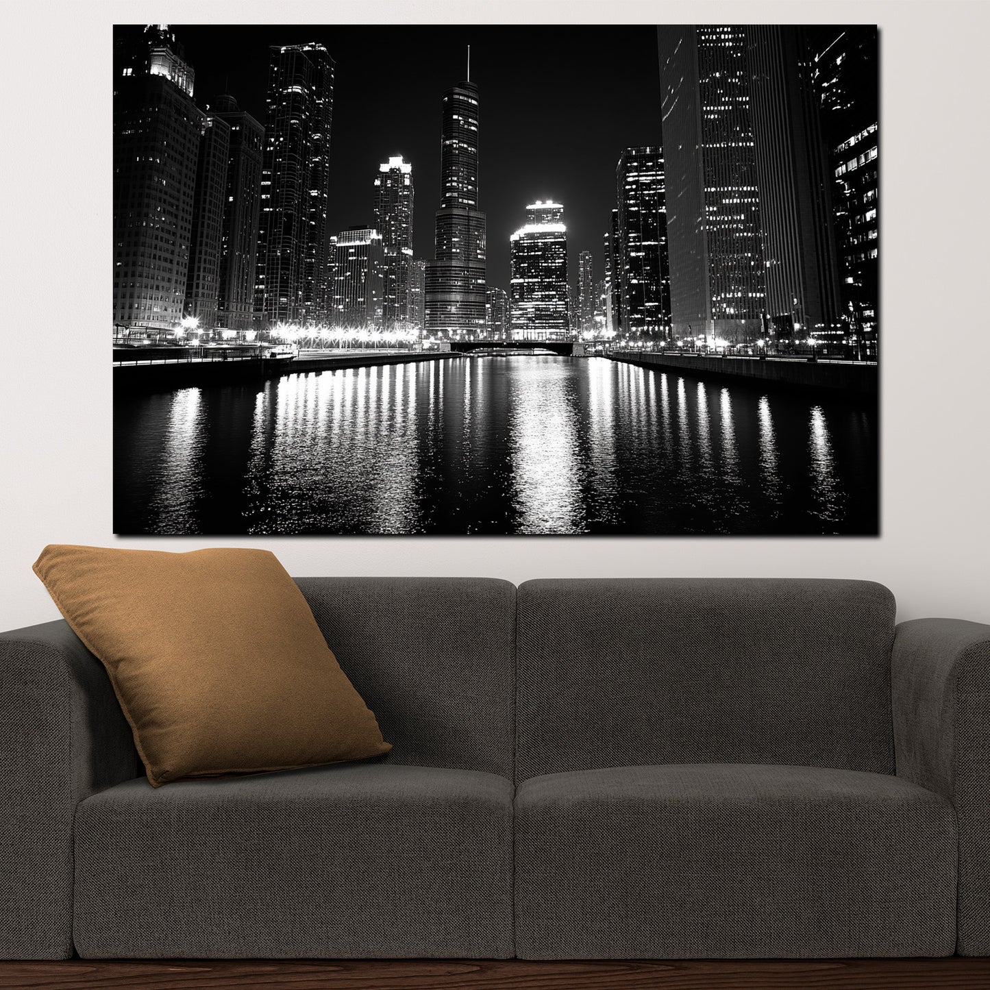 Wandbild Kunstwerk Städte Chicago USA Skyline Lichter Spiegelung schwarz weiß