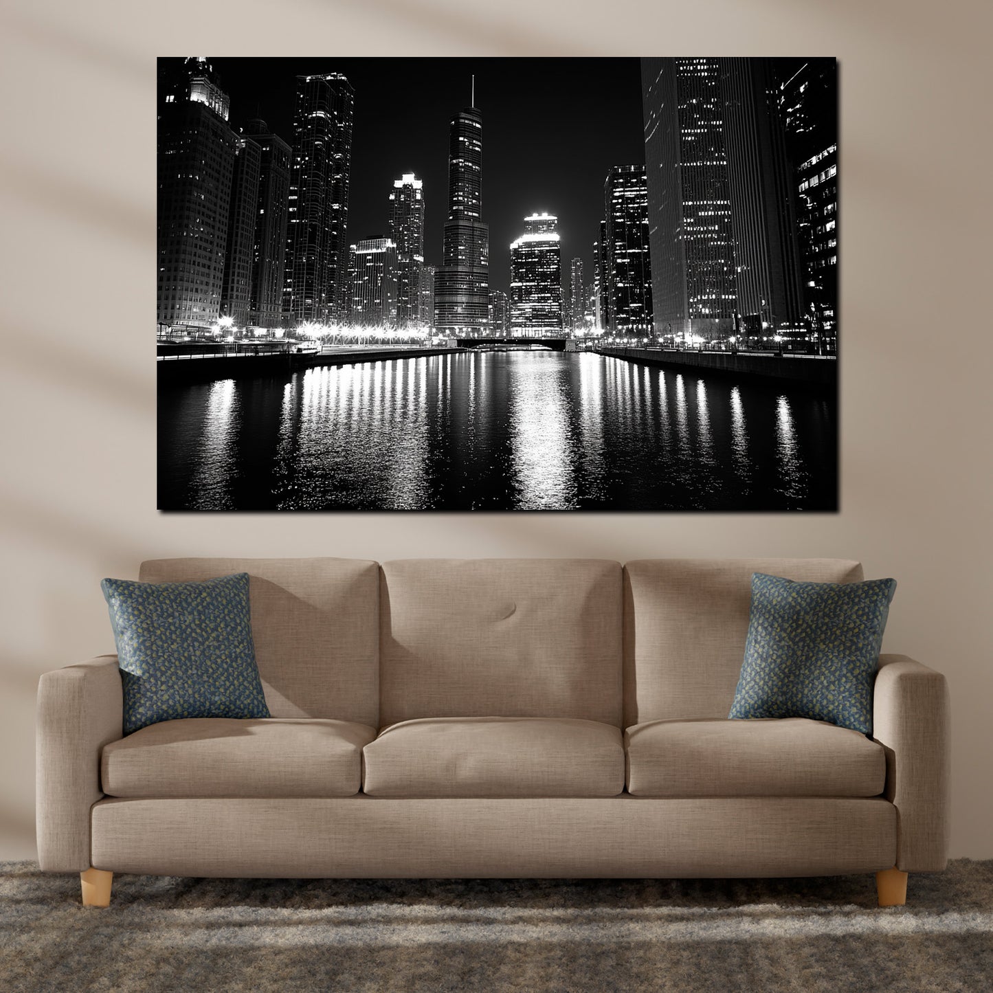 Wandbild Kunstwerk Städte Chicago USA Skyline Lichter Spiegelung schwarz weiß