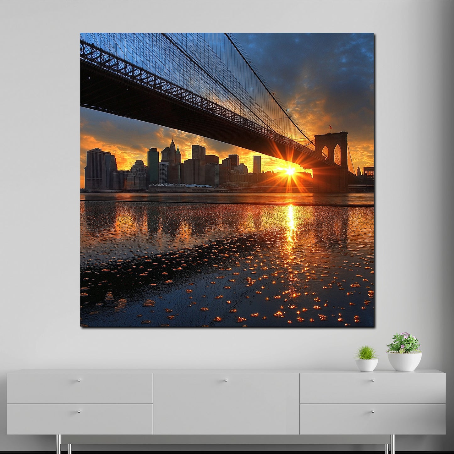 Wandbild Kunstwerk Städte New York Brücke Sonnenlicht Spiegelung Architektur