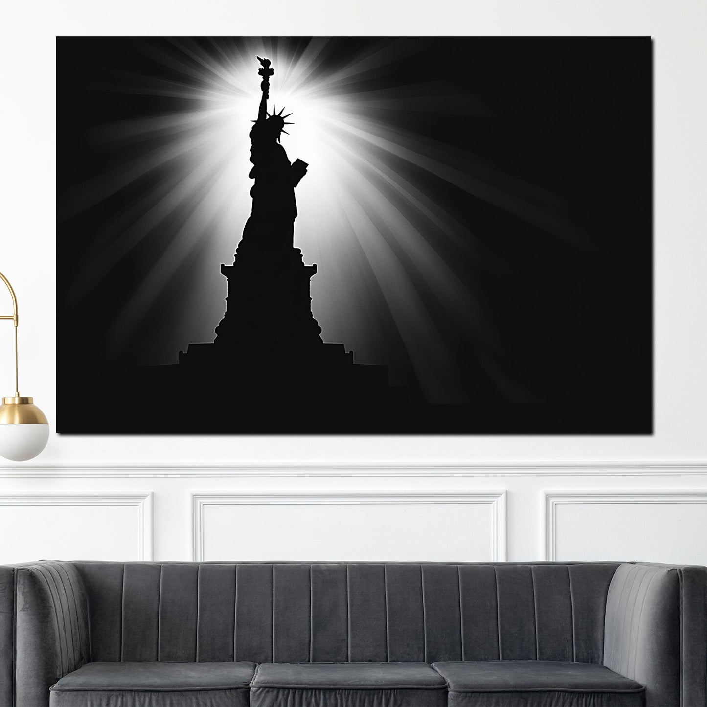 Wandbild Kunstwerk Städte New York Freiheitsstatue Silhouette Lichtstrahlen