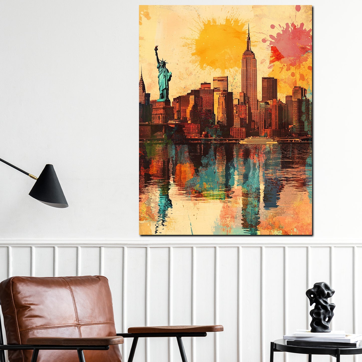 Wandbild Kunstwerk Städte New York Pop Art Stadtansicht Freiheitsstatue Reflexion