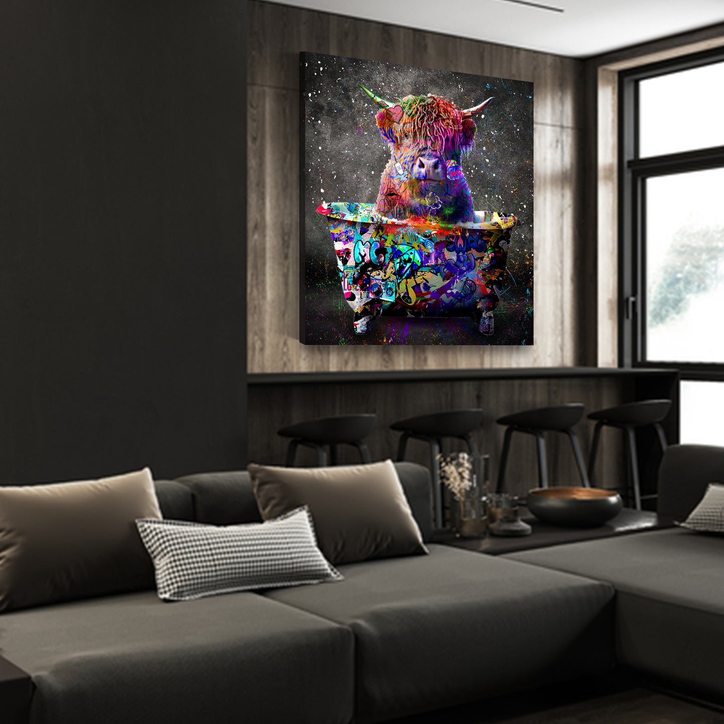 Stier in Badewanne Graffiti Street Art Style Wandbild Kunstwerk