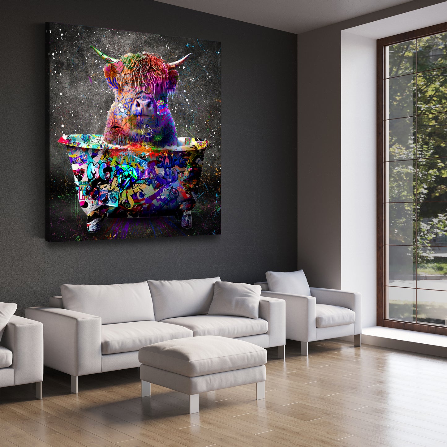 Stier in Badewanne Graffiti Street Art Style Wandbild Kunstwerk
