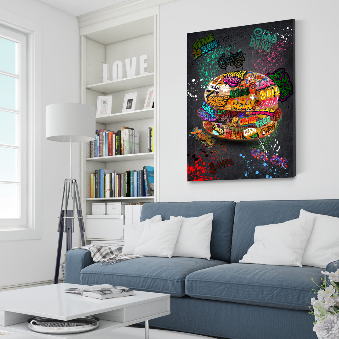 Street Art Burger mit urbanem Graffiti Look Wandbild Kunstwerk