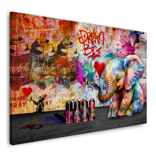 Street Art Elefant Baby mit Spraydosen Graffiti Style Wandbild Kunstwerk