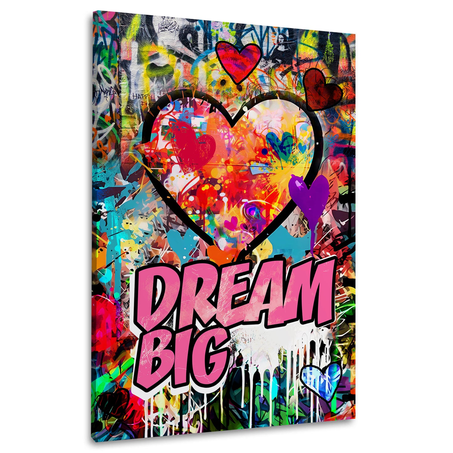 Street Art Herz und Dream Big Motiv in leuchtenden Farben Wandbild Kunstwerk