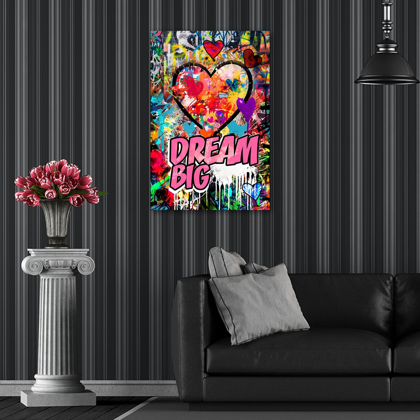 Street Art Herz und Dream Big Motiv in leuchtenden Farben Wandbild Kunstwerk
