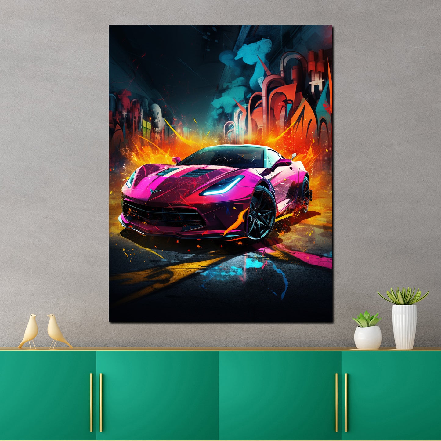 Wandbild Kunstwerk Street Art Pinker Sportwagen