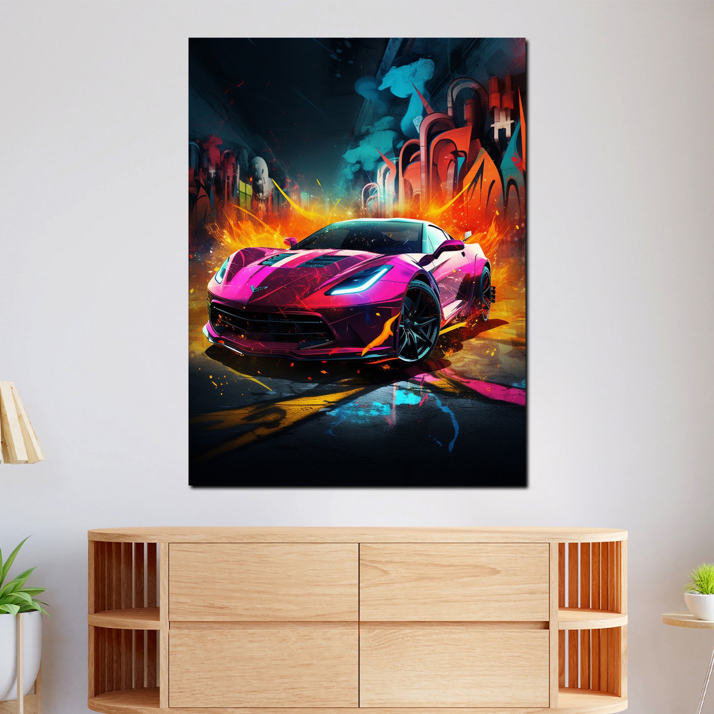 Wandbild Kunstwerk Street Art Pinker Sportwagen