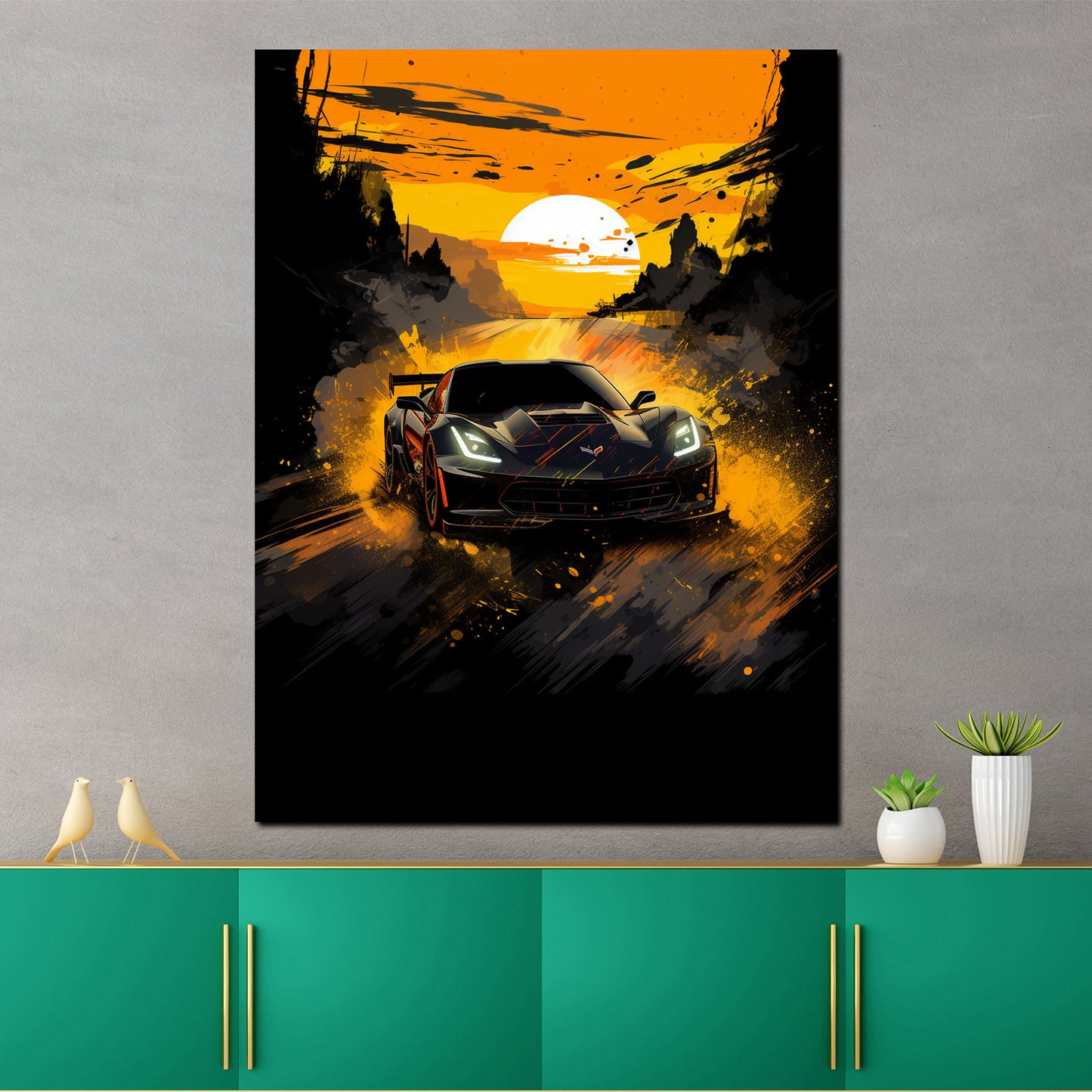 Street Art Sportwagen in der Abenddämmerung Wandbild Kunstwerk
