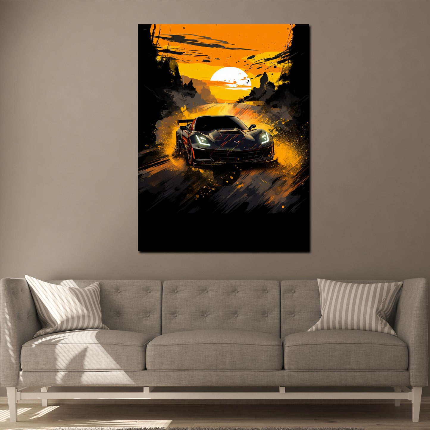 Street Art Sportwagen in der Abenddämmerung Wandbild Kunstwerk