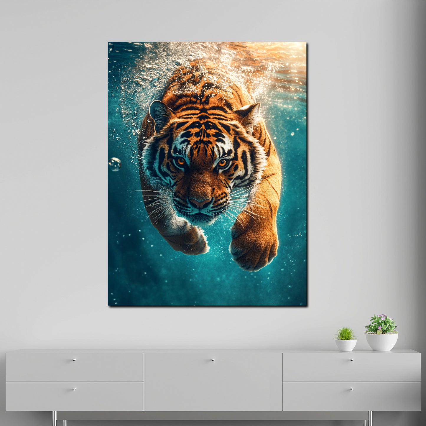 Wandbild Kunstwerk Tiger beim Eintauchen ins Wasser Energie Natur modern