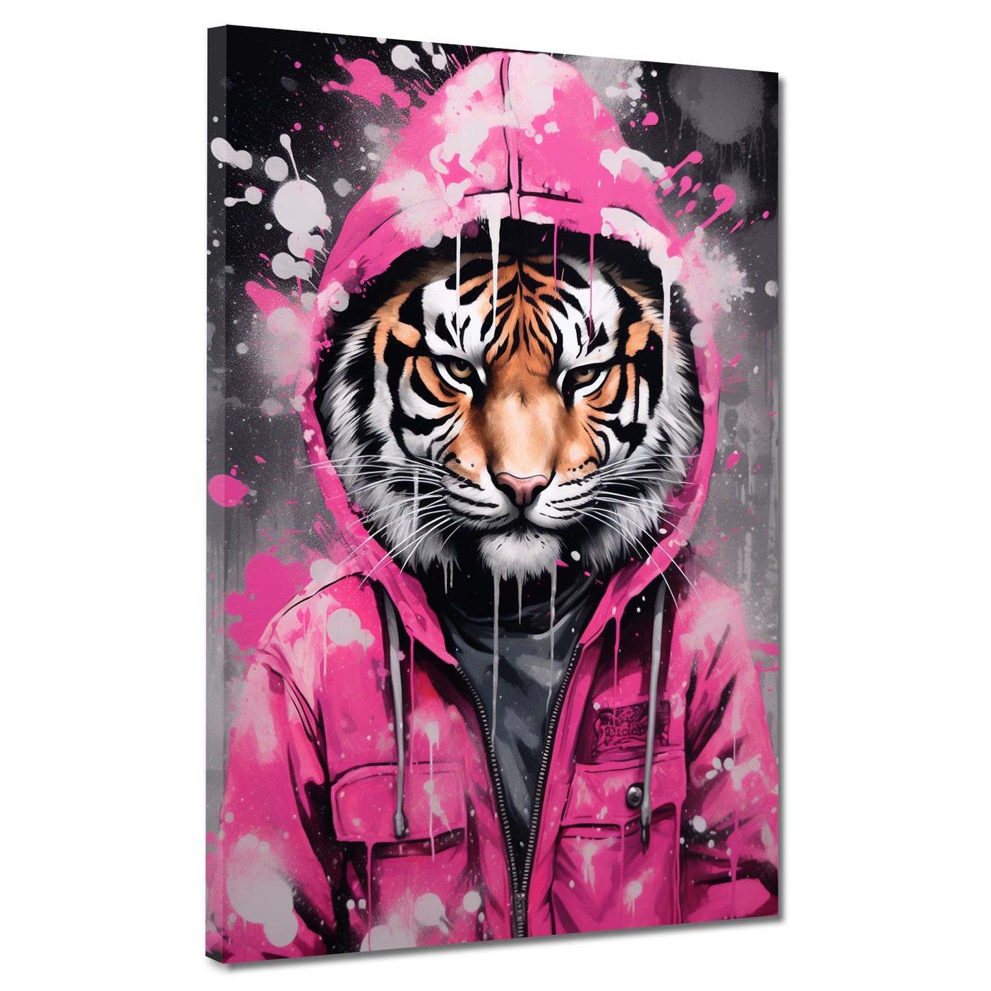 Wandbild Kunstwerk Tiger in pinker Jacke Pop Art
