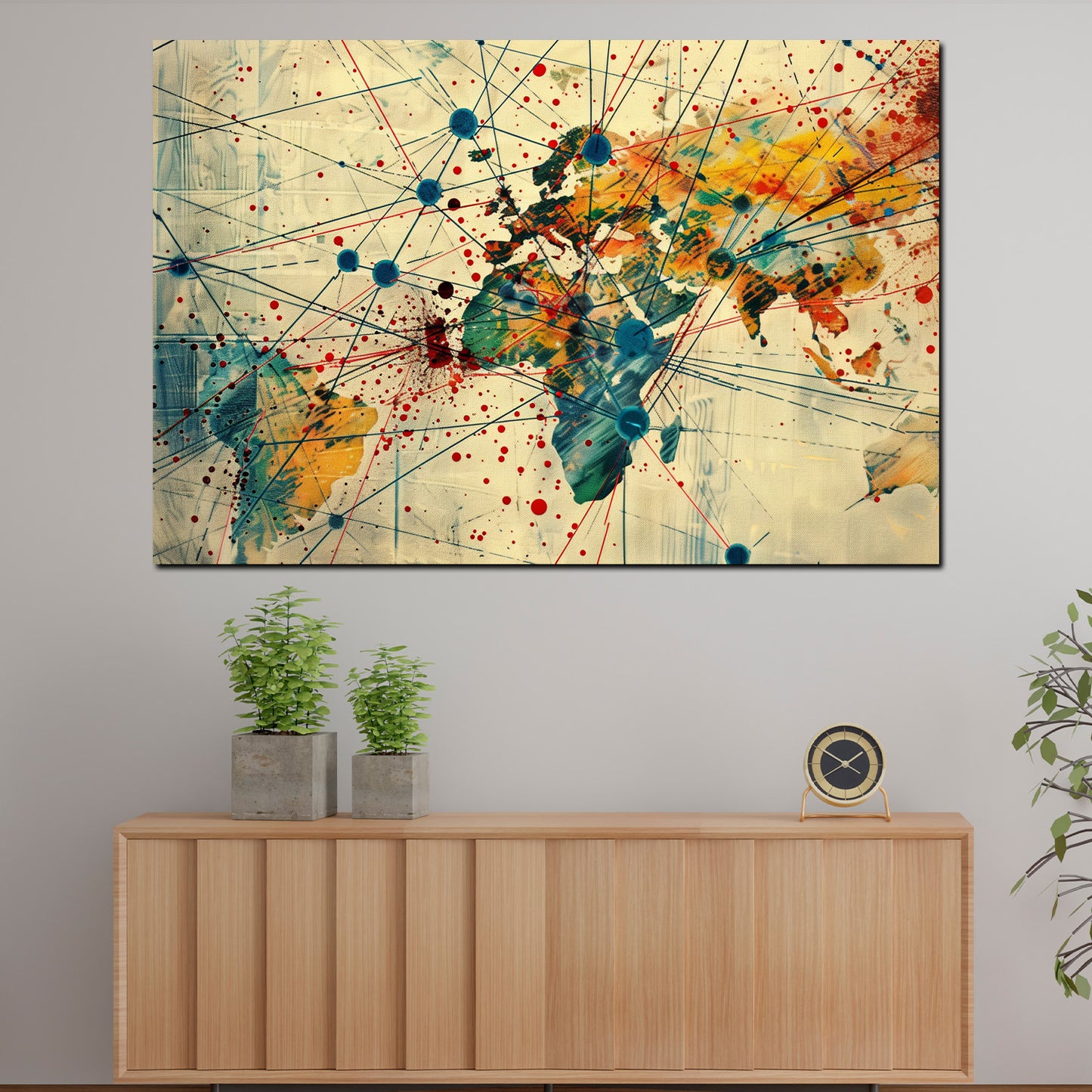 Wandbild Kunstwerk Weltkarte Kontinente Verbindungen Farbspritzer global modern
