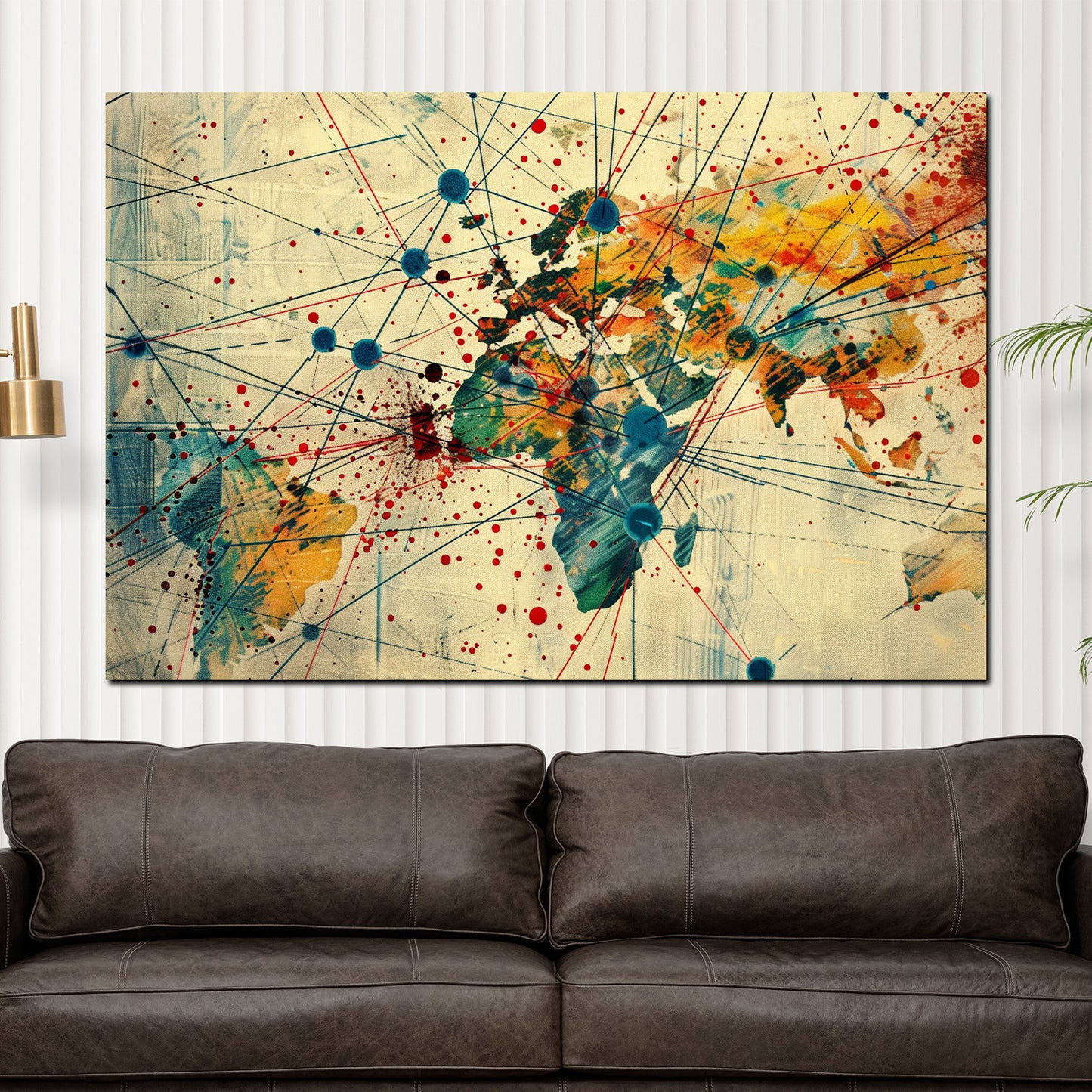 Wandbild Kunstwerk Weltkarte Kontinente Verbindungen Farbspritzer global modern