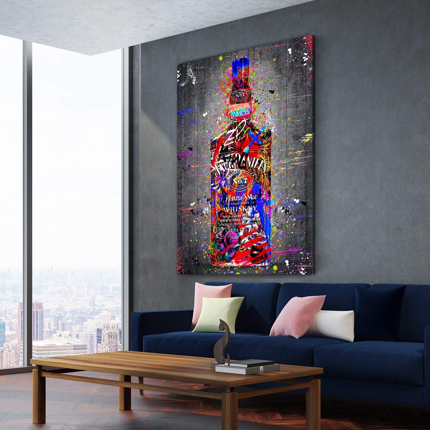Whiskyflasche Street Art Stil bunte Graffiti Elemente Wandbild Kunstwerk