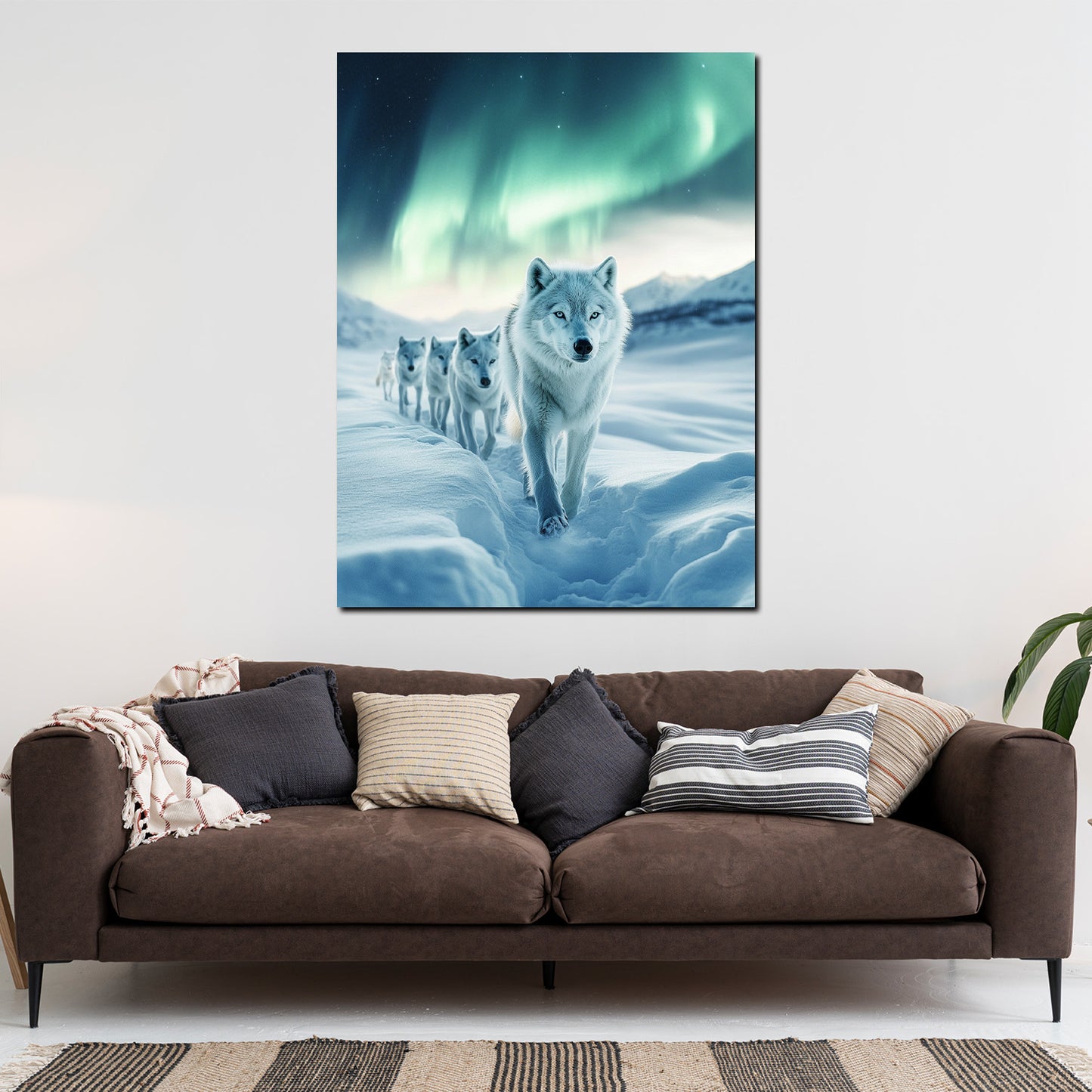 Wandbild Kunstwerk Wolfsrudel im Schnee Polarlicht Wildnis Abenteuer modern