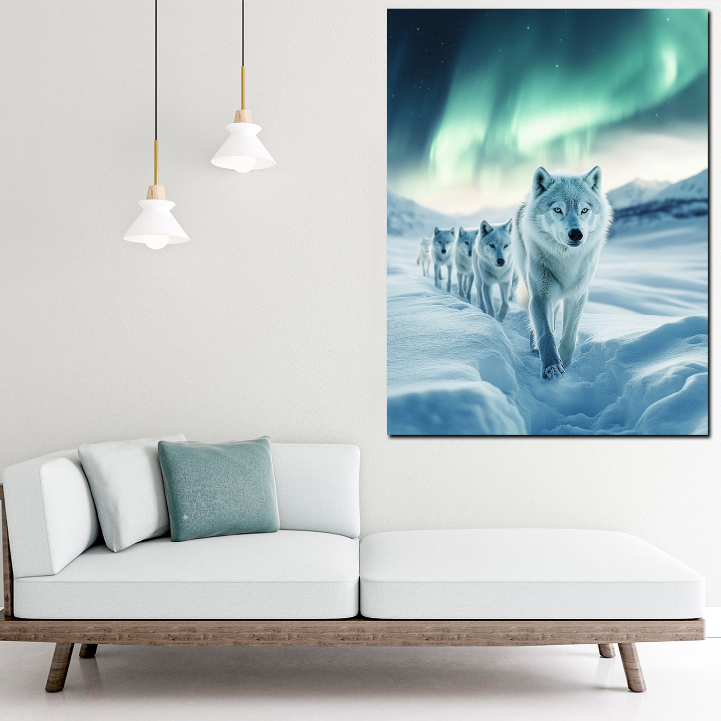 Wandbild Kunstwerk Wolfsrudel im Schnee Polarlicht Wildnis Abenteuer modern