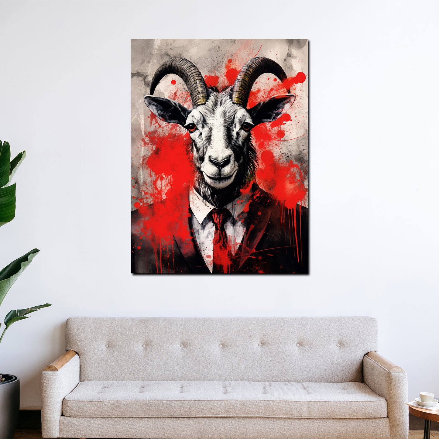 Wandbild Kunstwerk Ziege im Anzug Red Splash