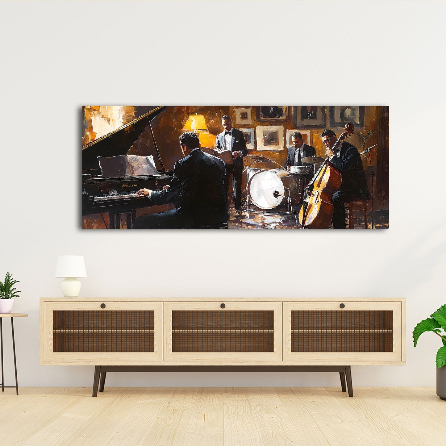 Wandbild Kunstwerk abstrakt Jazzband mit Klavier und Schlagzeug in stilvollem Ambiente