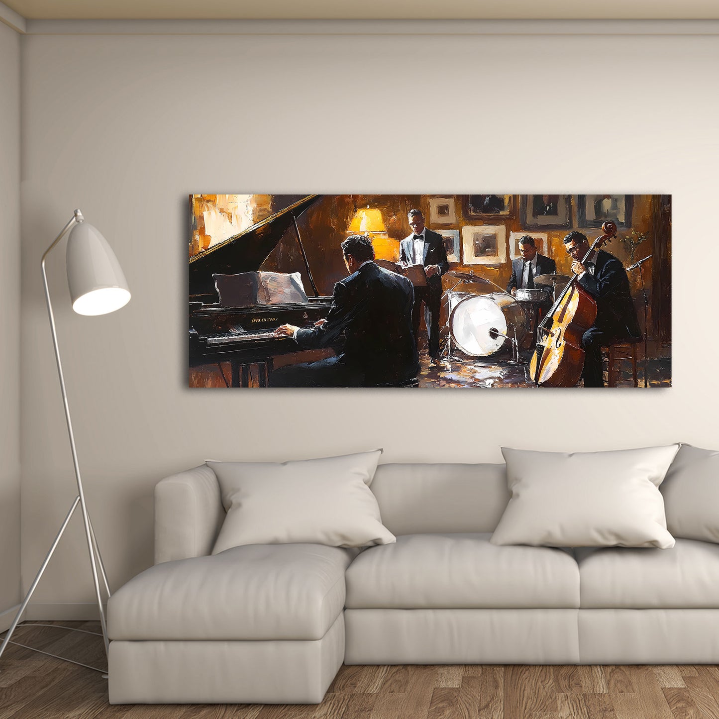 Wandbild Kunstwerk abstrakt Jazzband mit Klavier und Schlagzeug in stilvollem Ambiente