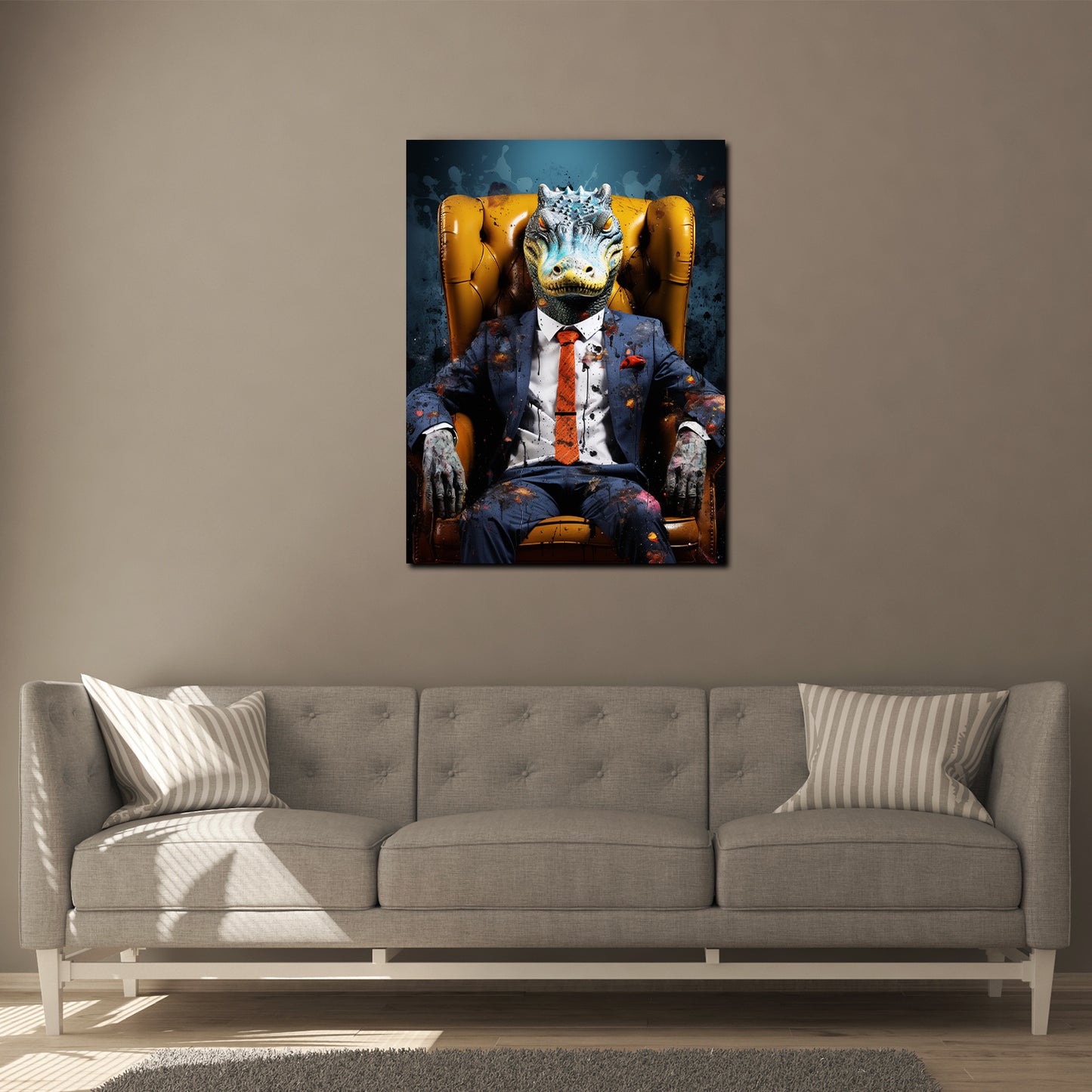 Abstrakt Krokodil im Anzug, Tiere im Anzug Wandbild Kunstwerk