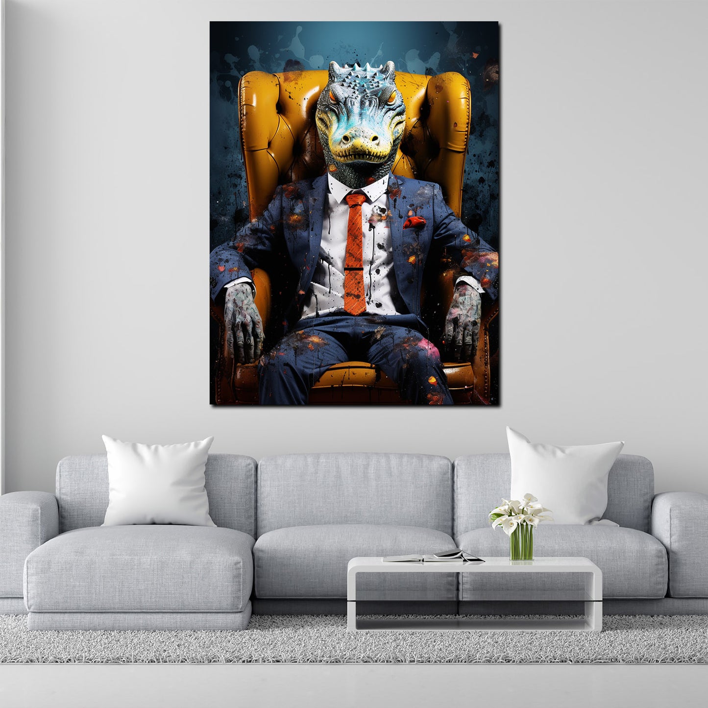 Abstrakt Krokodil im Anzug, Tiere im Anzug Wandbild Kunstwerk