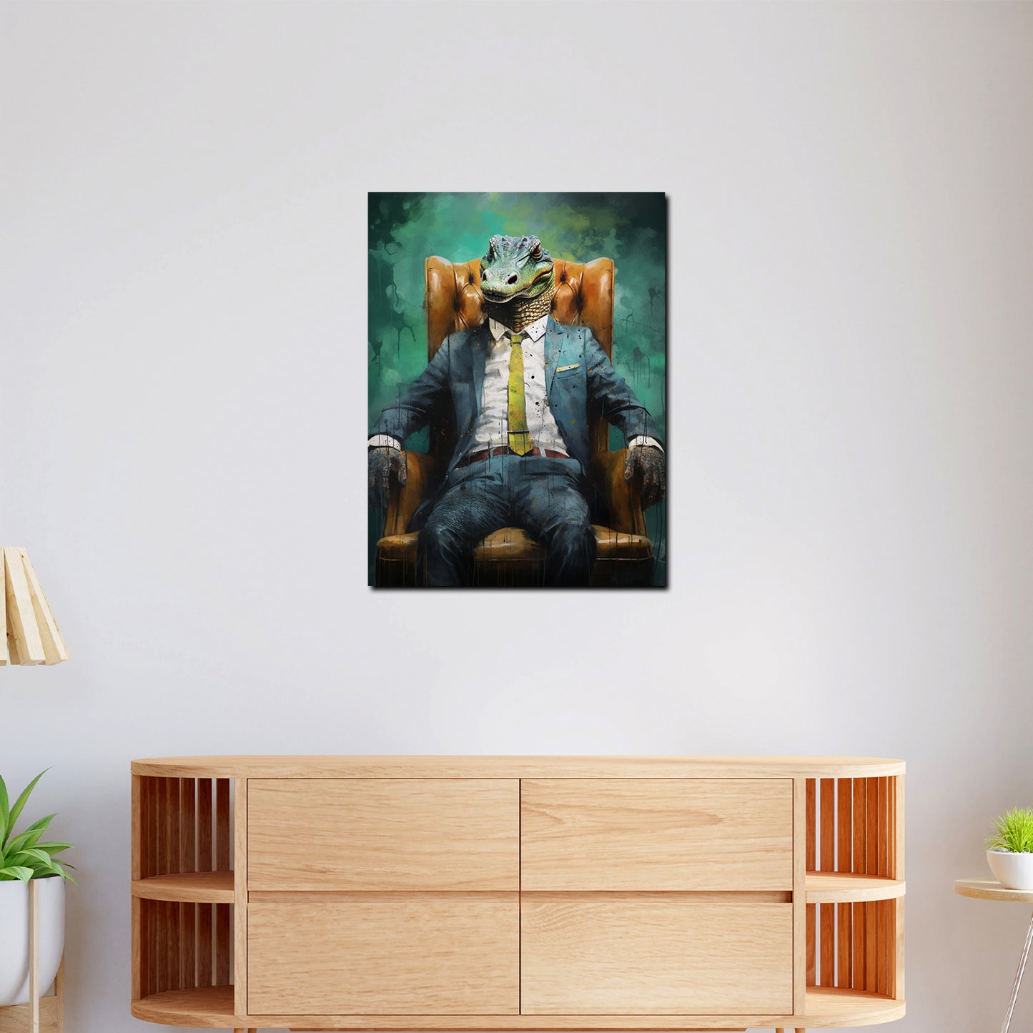 Abstrakt Krokodil im Anzug sitzend, Tiere im Anzug Wandbild Kunstwerk