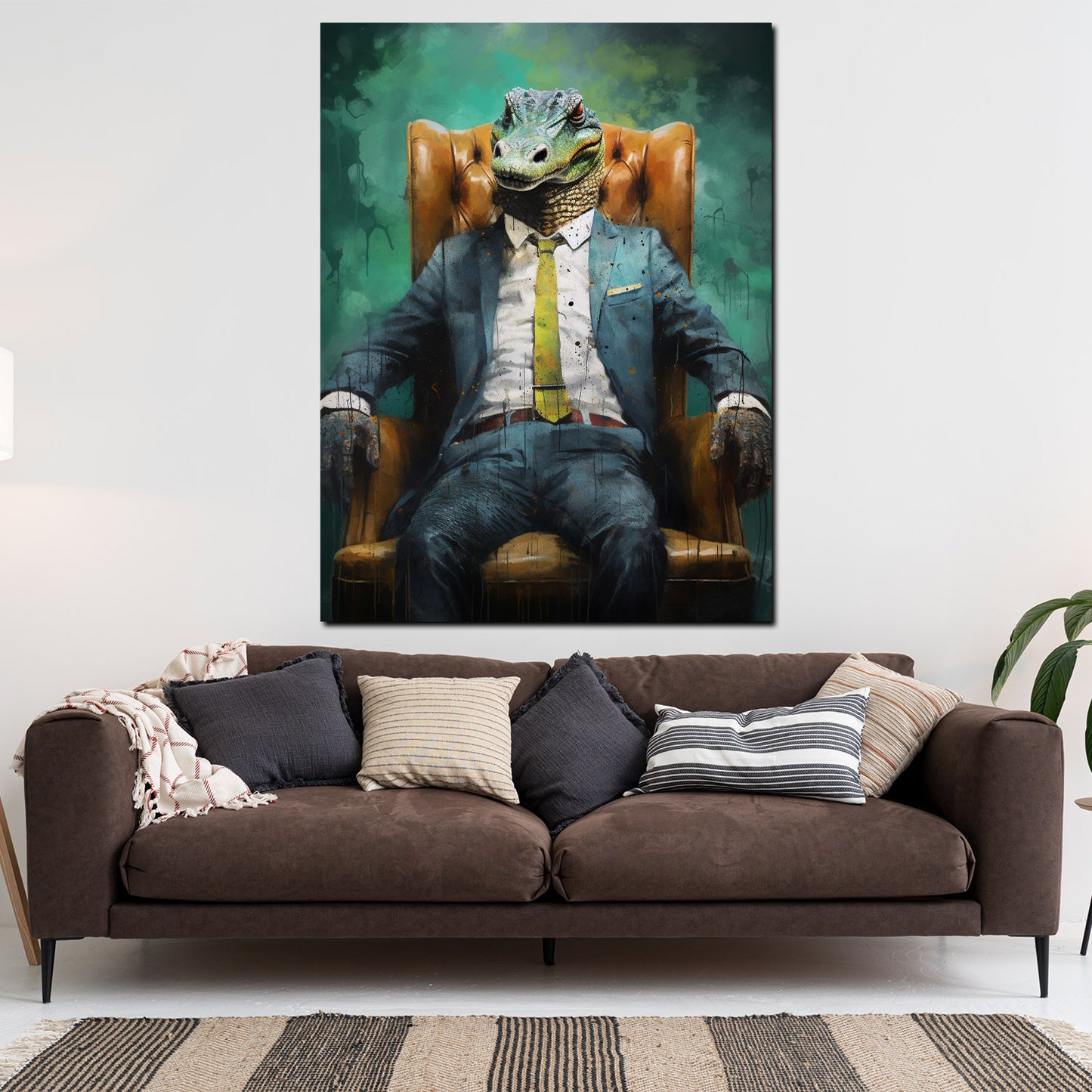 Abstrakt Krokodil im Anzug sitzend, Tiere im Anzug Wandbild Kunstwerk
