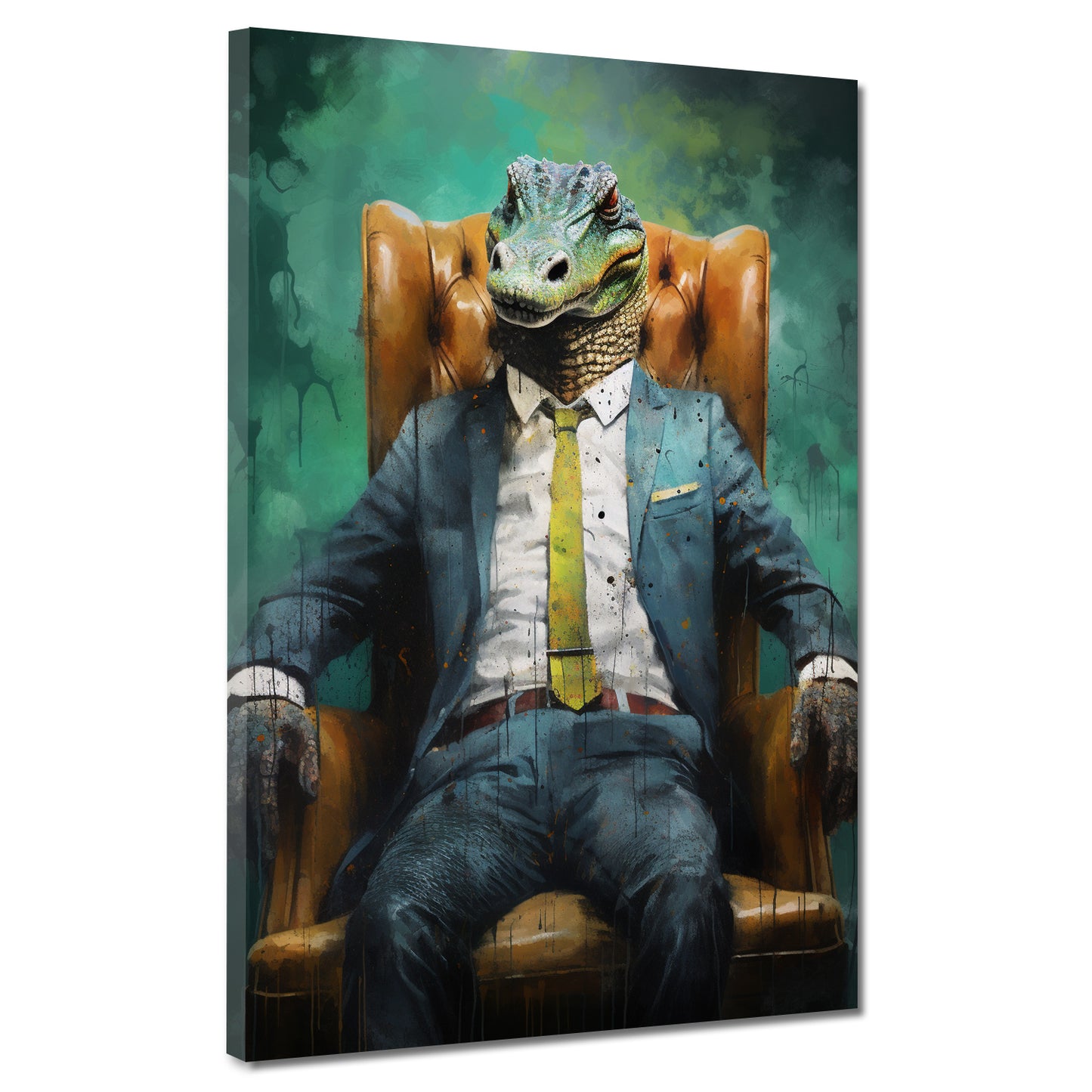 Abstrakt Krokodil im Anzug sitzend, Tiere im Anzug Wandbild Kunstwerk