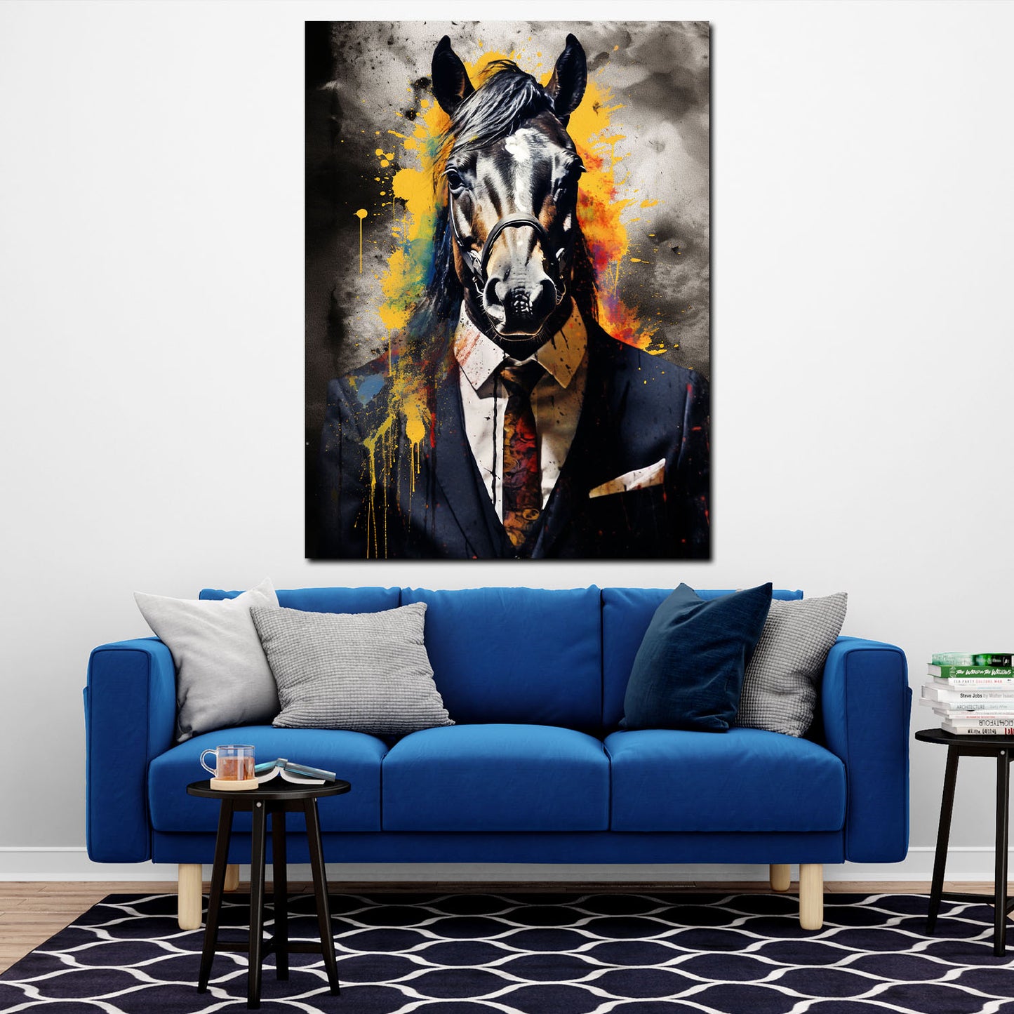 Pferd im blauen Anzug frontal Pop Art Wandbild Kunstwerk