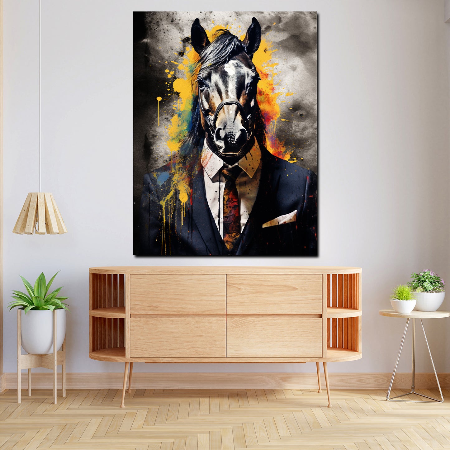 Pferd im blauen Anzug frontal Pop Art Wandbild Kunstwerk
