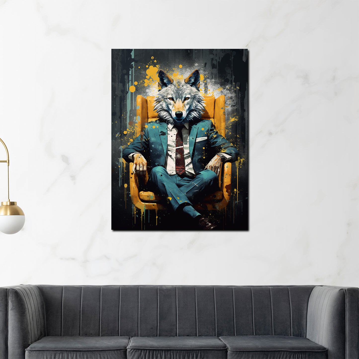 Abstrakt Wolf im Anzug Leder-Sessel Black Style Wandbild Kunstwerk