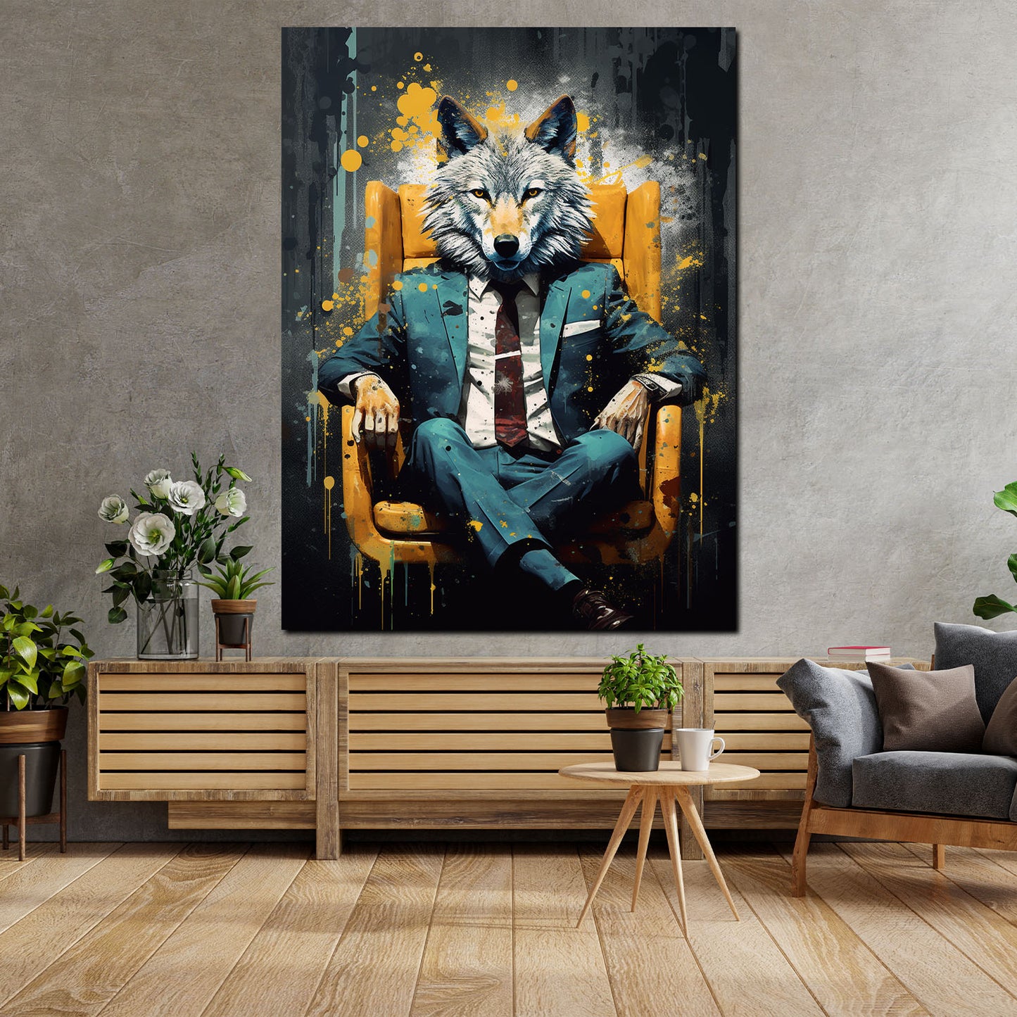 Abstrakt Wolf im Anzug Leder-Sessel Black Style Wandbild Kunstwerk