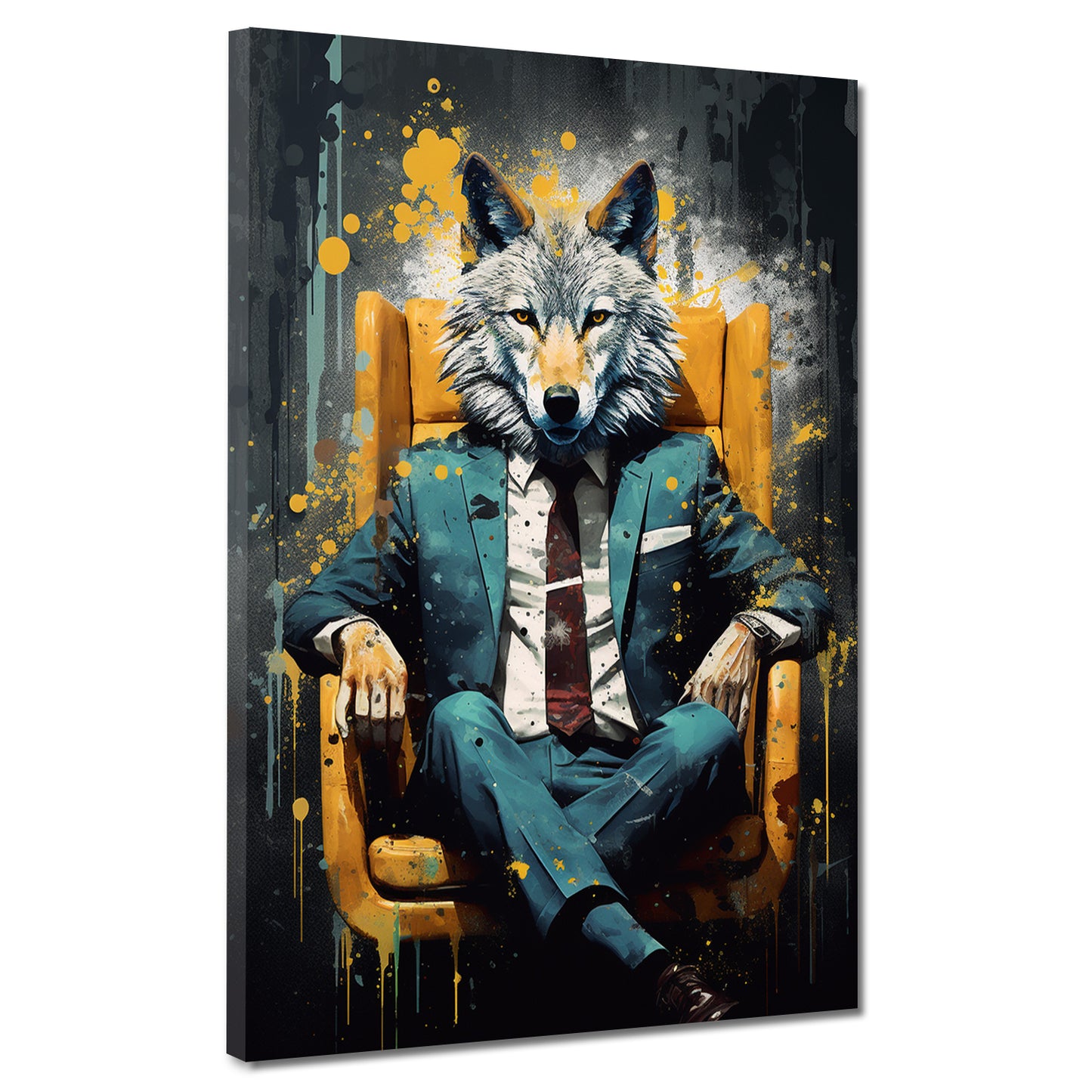 Abstrakt Wolf im Anzug Leder-Sessel Black Style Wandbild Kunstwerk