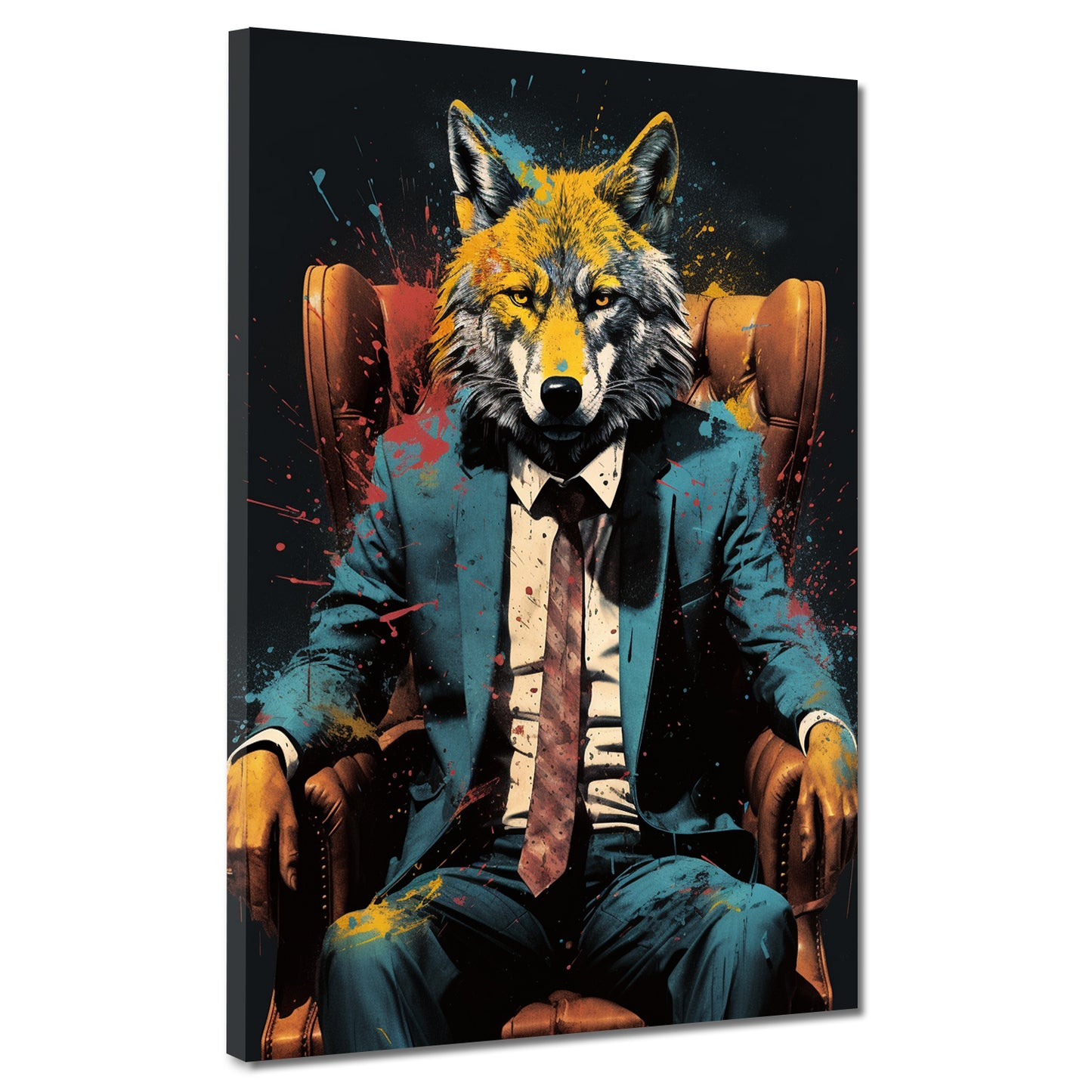Abstrakt Wolf im Anzug im Leder-Sessel Wandbild Kunstwerk