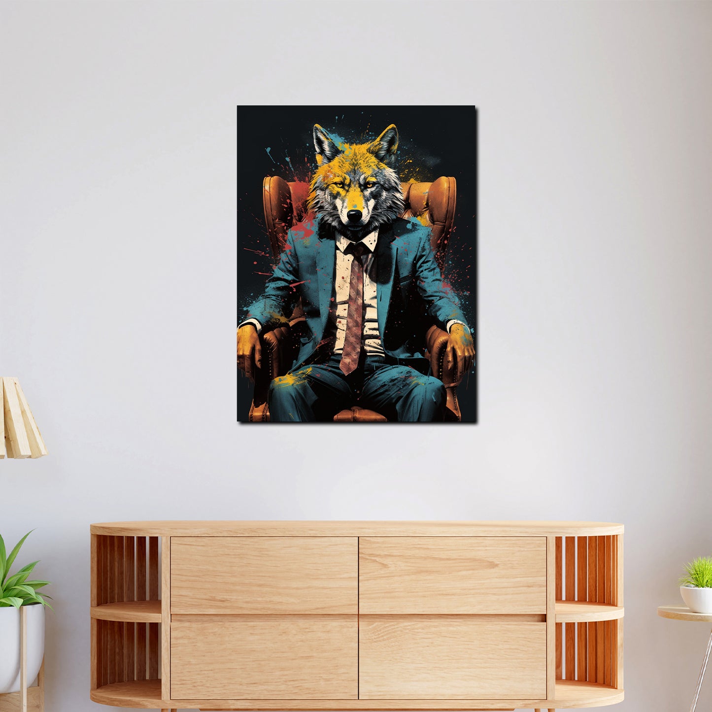 Abstrakt Wolf im Anzug im Leder-Sessel Wandbild Kunstwerk