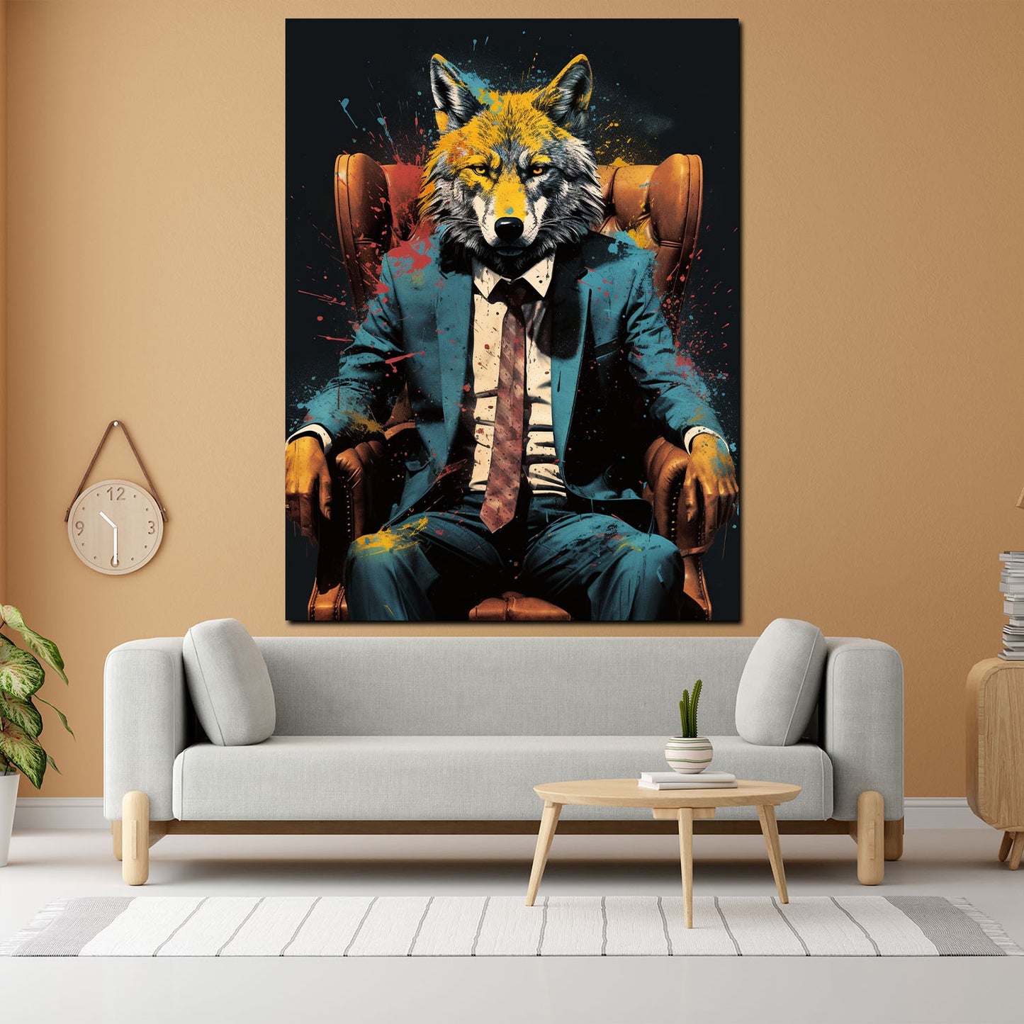 Abstrakt Wolf im Anzug im Leder-Sessel Wandbild Kunstwerk