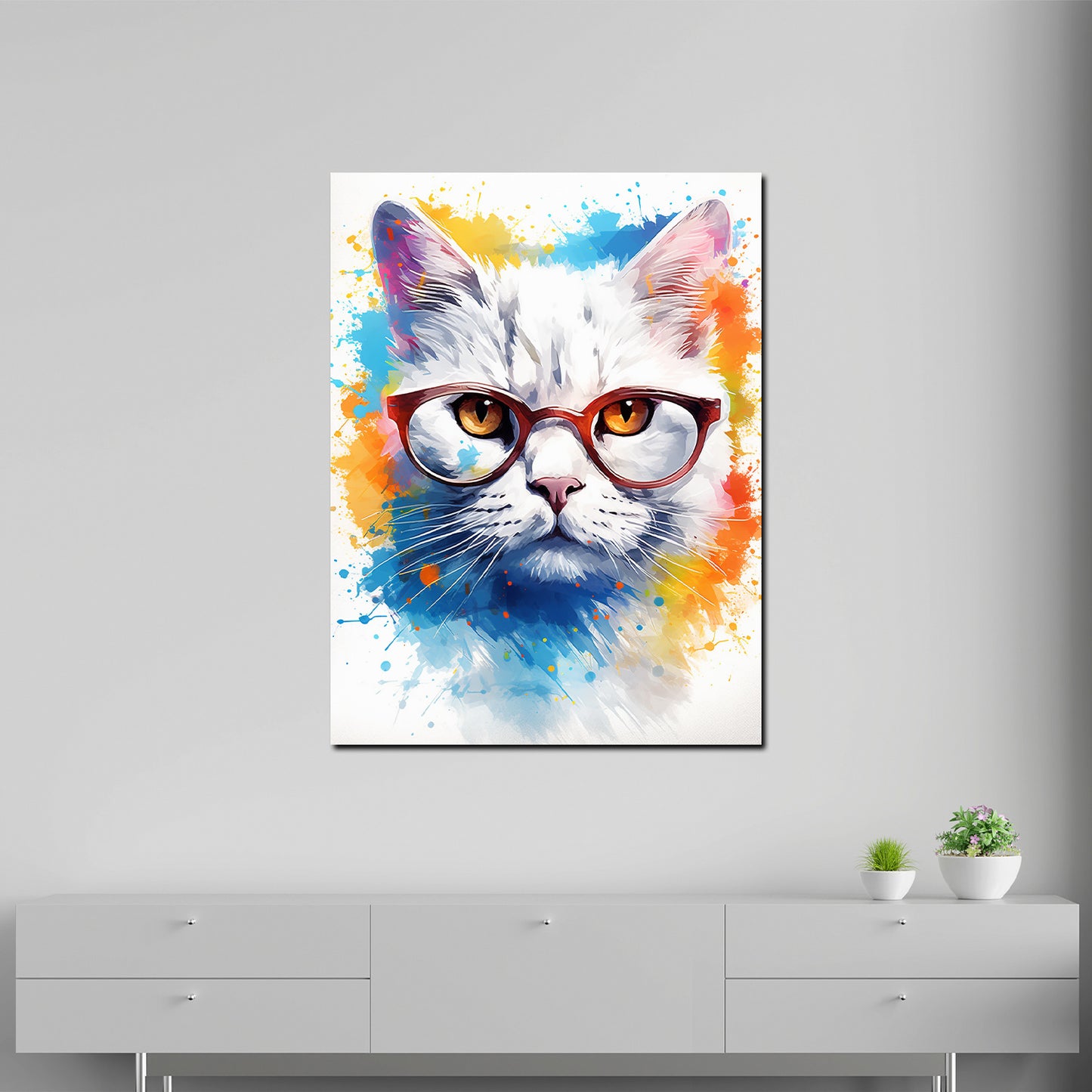 Pop Art Abstrakt weiße Katze mit Brille Wandbild Kunstwerk