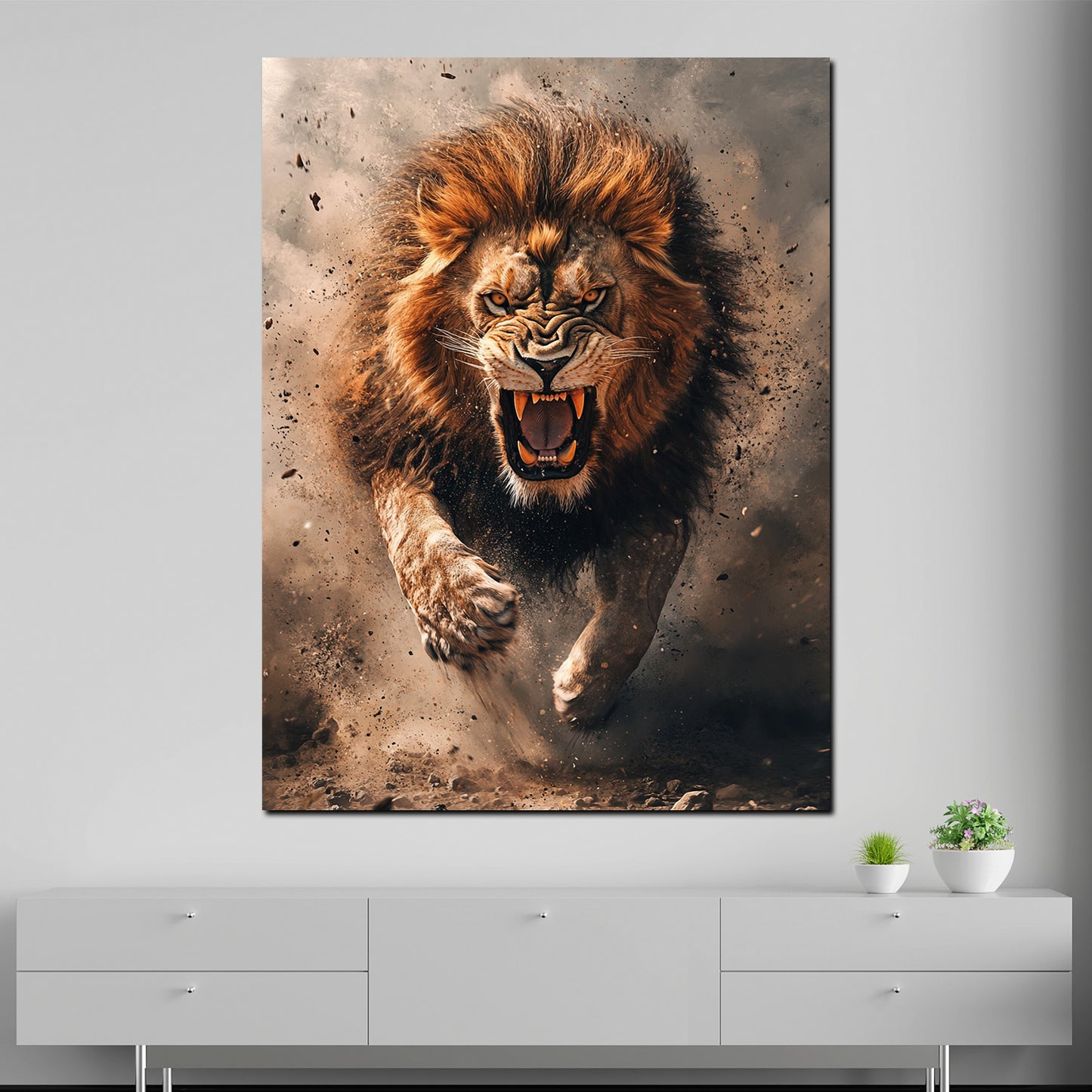 Wandbild Kunstwerk wilder Löwe aggressiv in Bewegung
