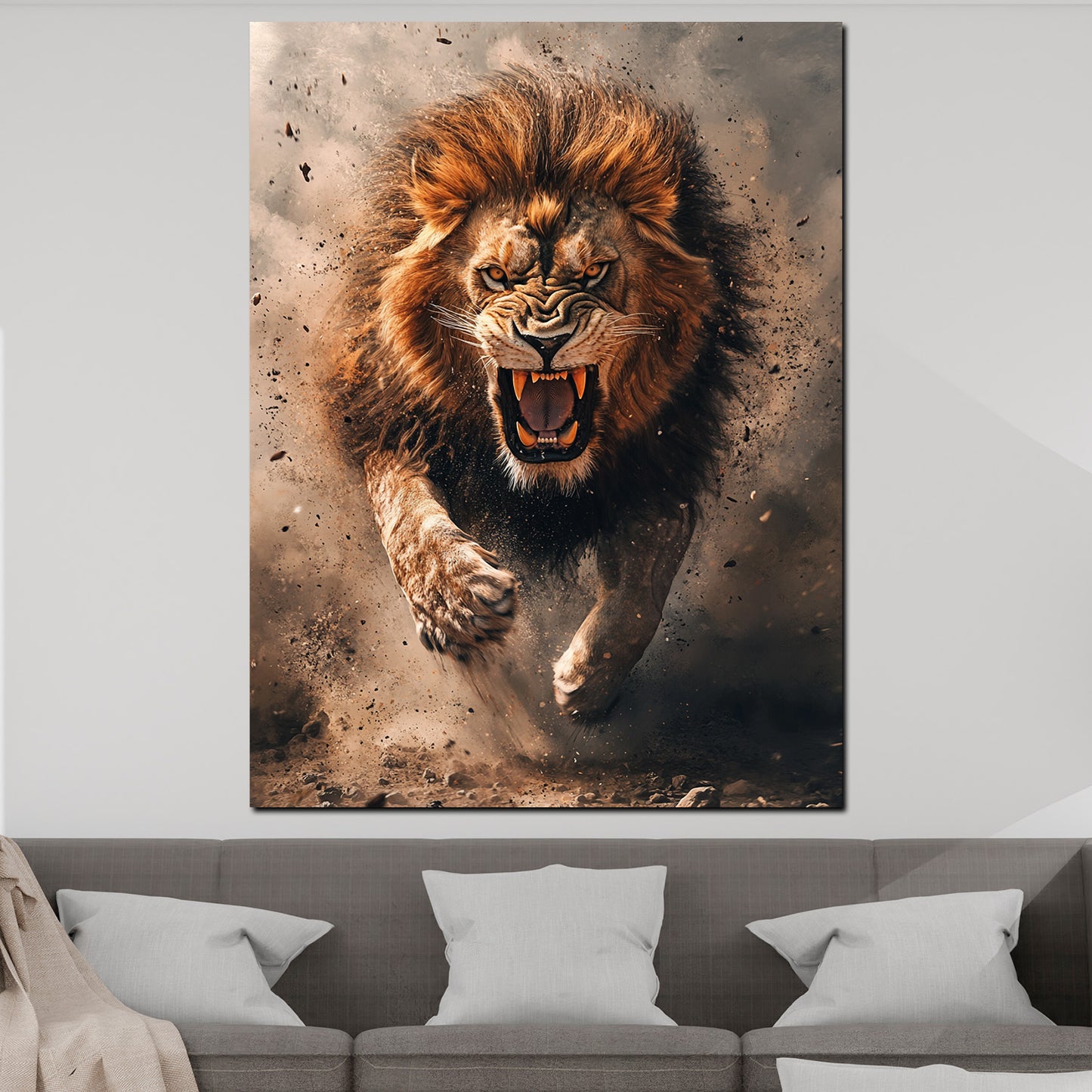 Wandbild Kunstwerk wilder Löwe aggressiv in Bewegung