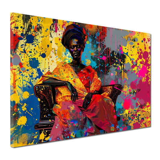 Afrikanische Frau auf Sessel mit leuchtenden Farben Pop Art Wandbild Kunstwerk