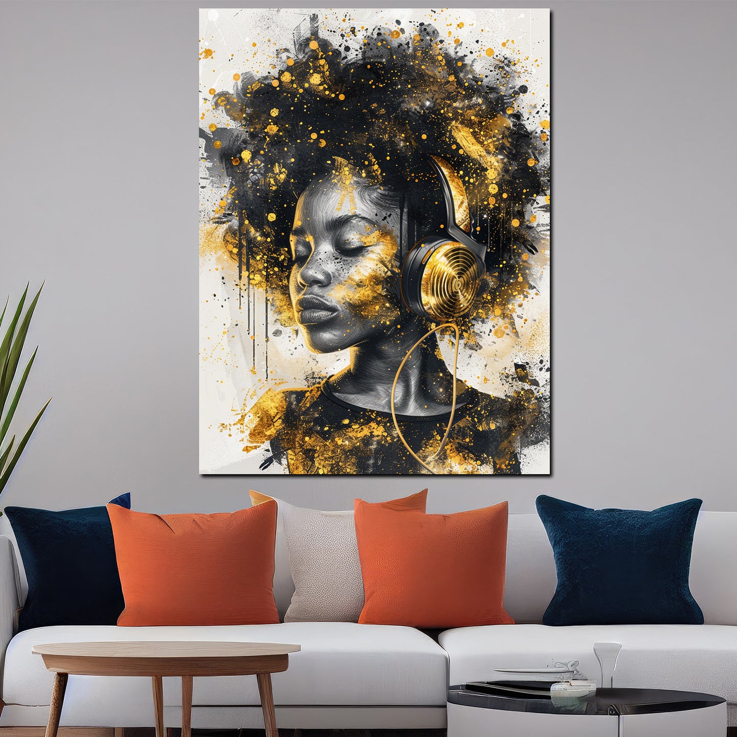 Afrikanische Frau mit goldenen Akzenten und Kopfhörern Wandbild Kunstwerk