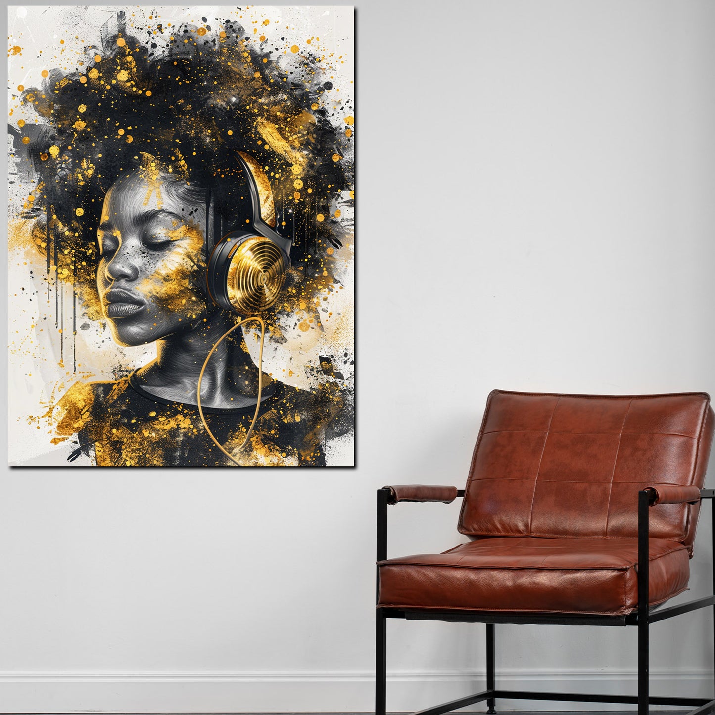 Afrikanische Frau mit goldenen Akzenten und Kopfhörern Wandbild Kunstwerk